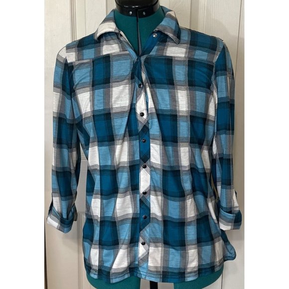 Women Bongo Brand Blouse Blue Plaid w/Lacey Back Polyester Blend Junior Size M - Picture 3 of 16